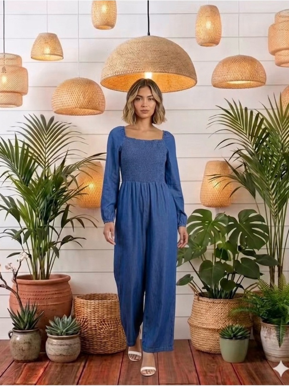 Square-Neck Smocked Denim Look Jumpsuit Sz XXL